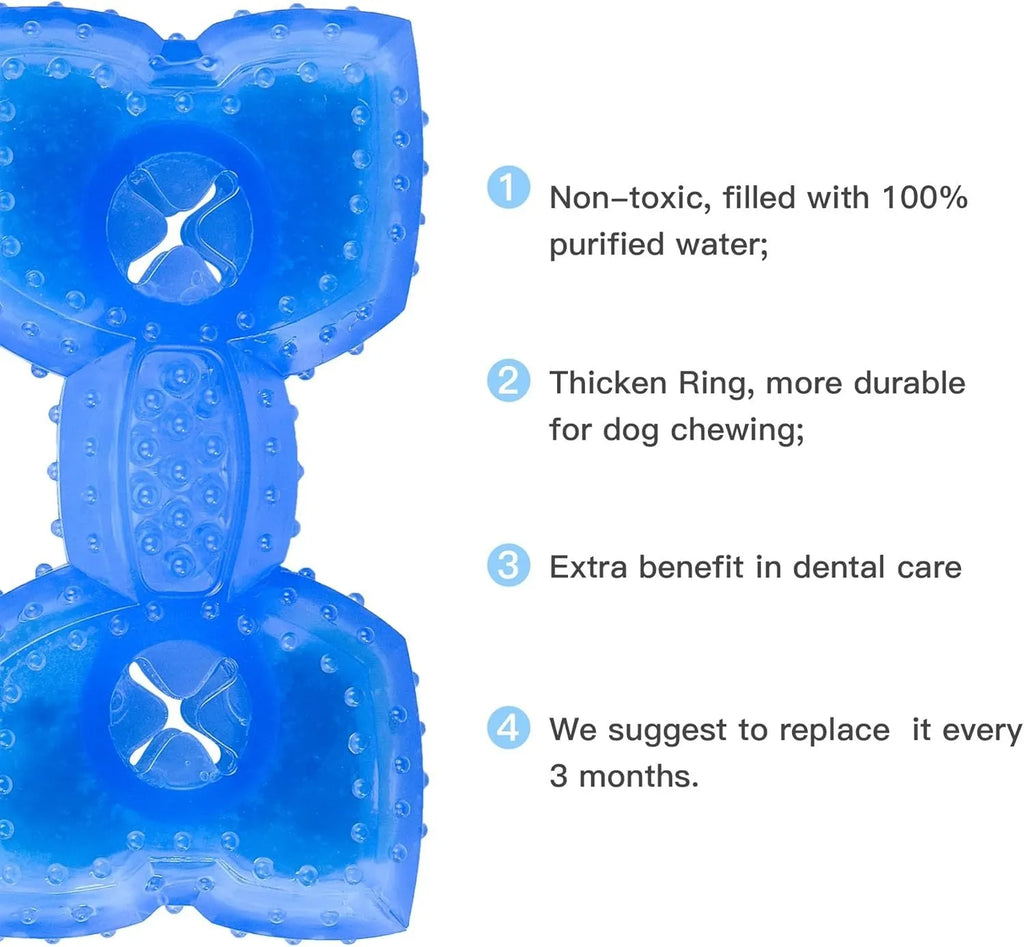 Freezable bone-shaped and circle-shaped dog chew toy for cooling and teething relief.