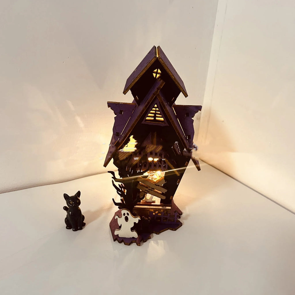 Halloween DIY wooden glowing haunted house table decoration measuring 14x10.5x19cm