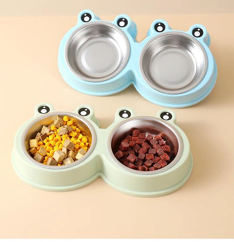 Stainless steel pet double bowl in frog shape for feeding and drinking water