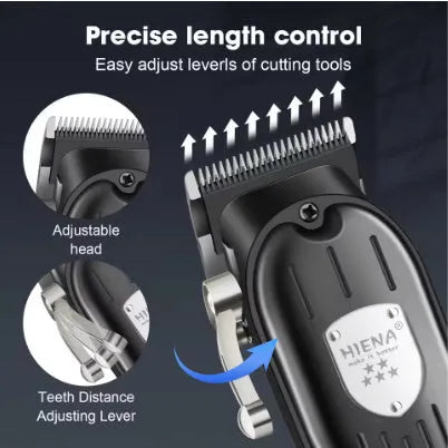 Black professional hair clipper and foil shaver set with USB cable and LED display.