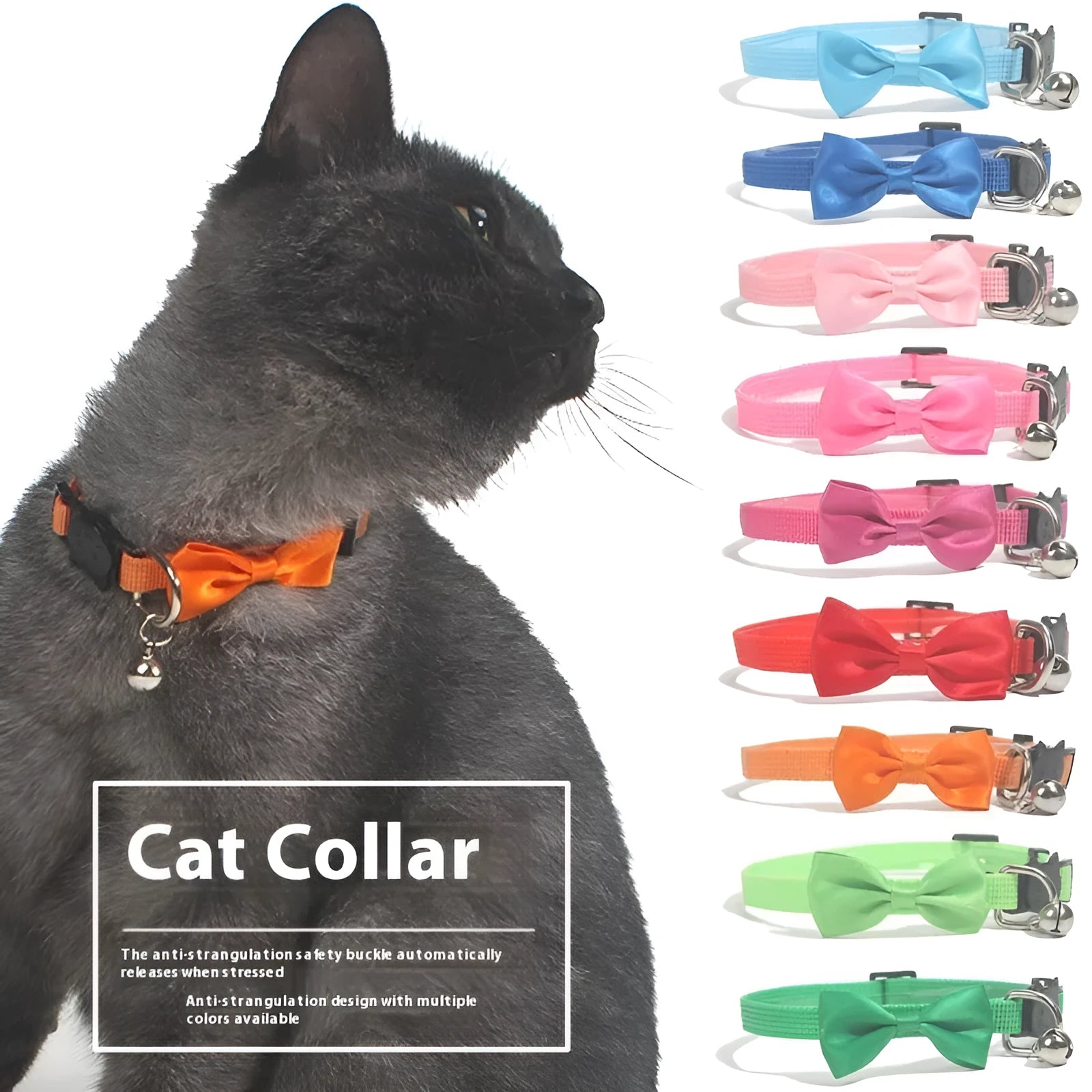 Adjustable nylon cat collar with bell in striped pattern available in multiple colours like red blue and green