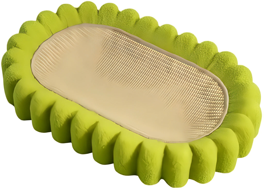 Green oval cat scratch pad bowl with sisal scratching surface serving as cat bed and furniture protector