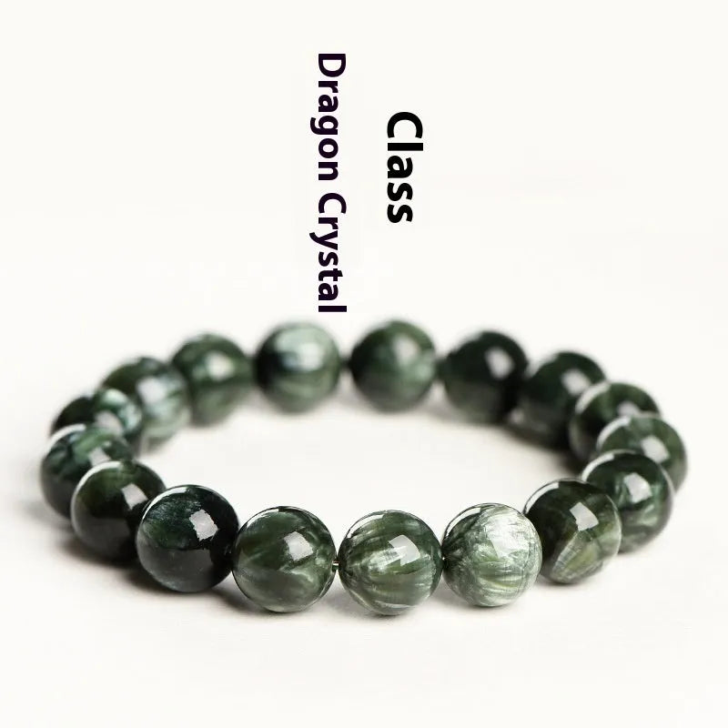 Green dragon crystal bracelet with 8-9mm round beads and geometric Ruyi design elements
