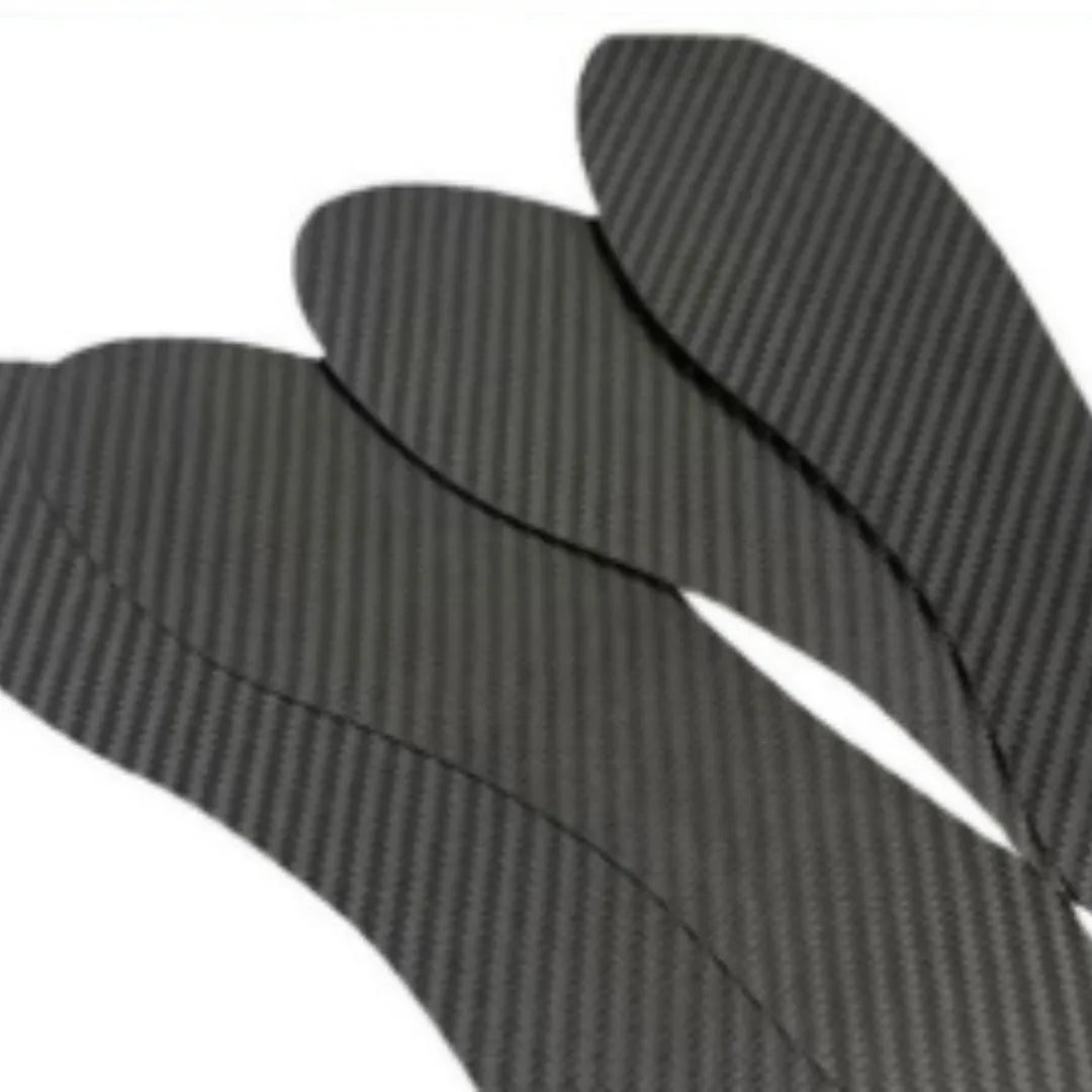 Black 3K carbon fibre insoles for running with shock absorption, showing three thickness options