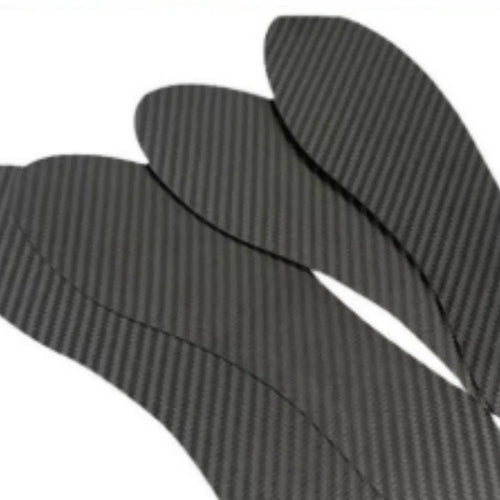 Black 3K carbon fibre insoles for running with shock absorption, showing three thickness options
