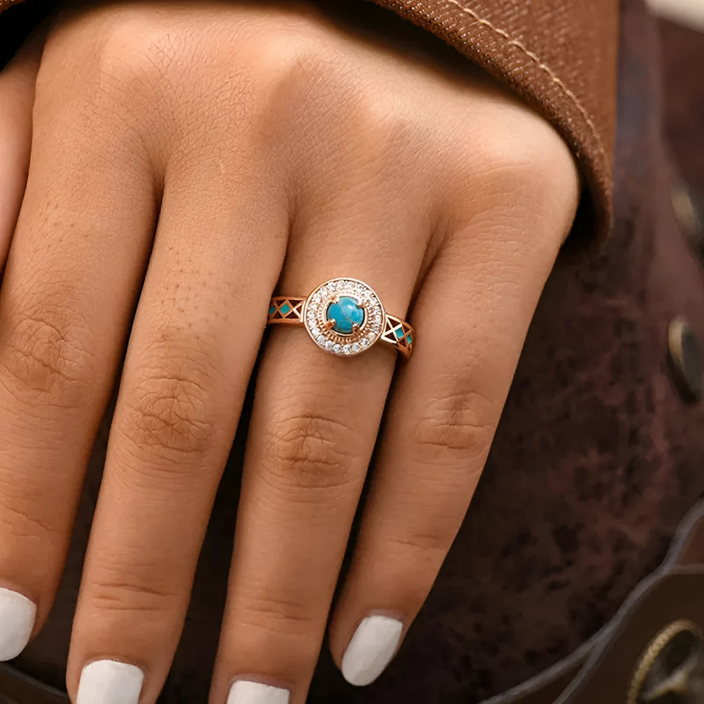 Women's turquoise ethnic style copper ring with micro inlaid zircon and rose gold finish