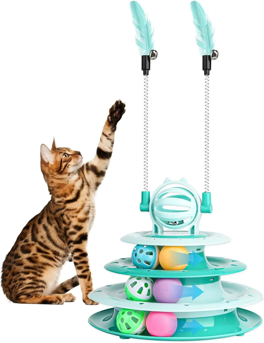 Interactive 4-tier cat puzzle toy with rotating carousel, 6 balls, and teasing rods in blue, green, or pink colours