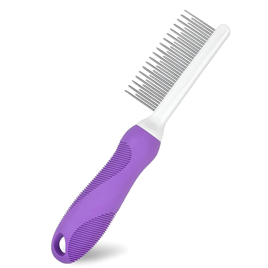 Purple pet detangling comb with stainless steel teeth on wooden surface