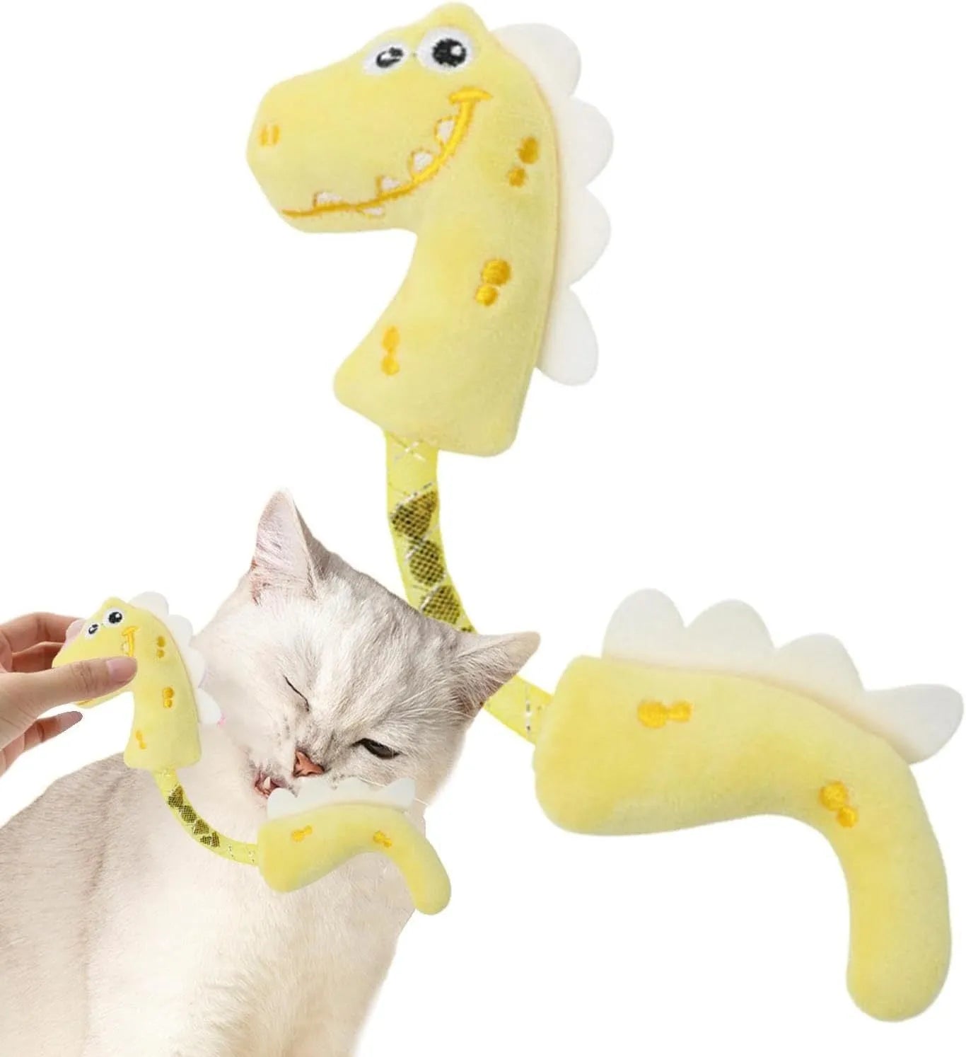 Four plush cat toys including catnip chew toy, squeaky mouse, textured fish, and bunny for indoor play