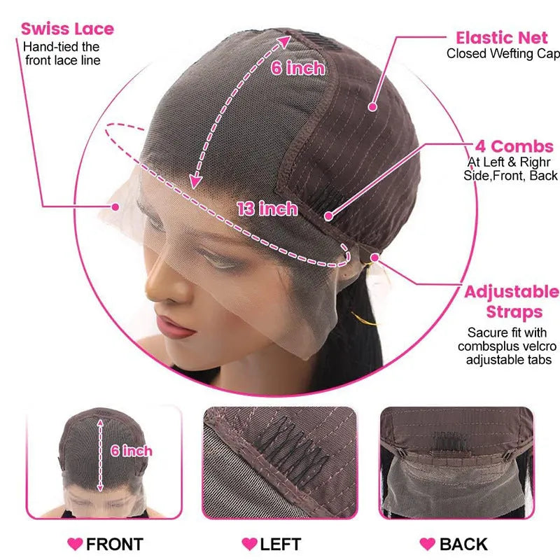 A straight, Black human hair wig with a 13x6 lace front, shown in a long length.