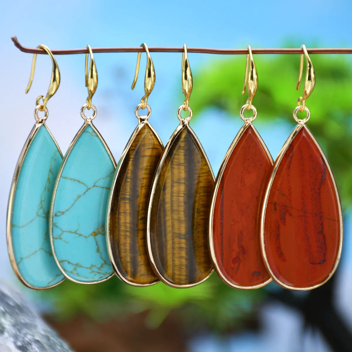 Vintage long water drop stone earrings in Tigereye, amethyst, pink crystal, redstone, or turquoise
