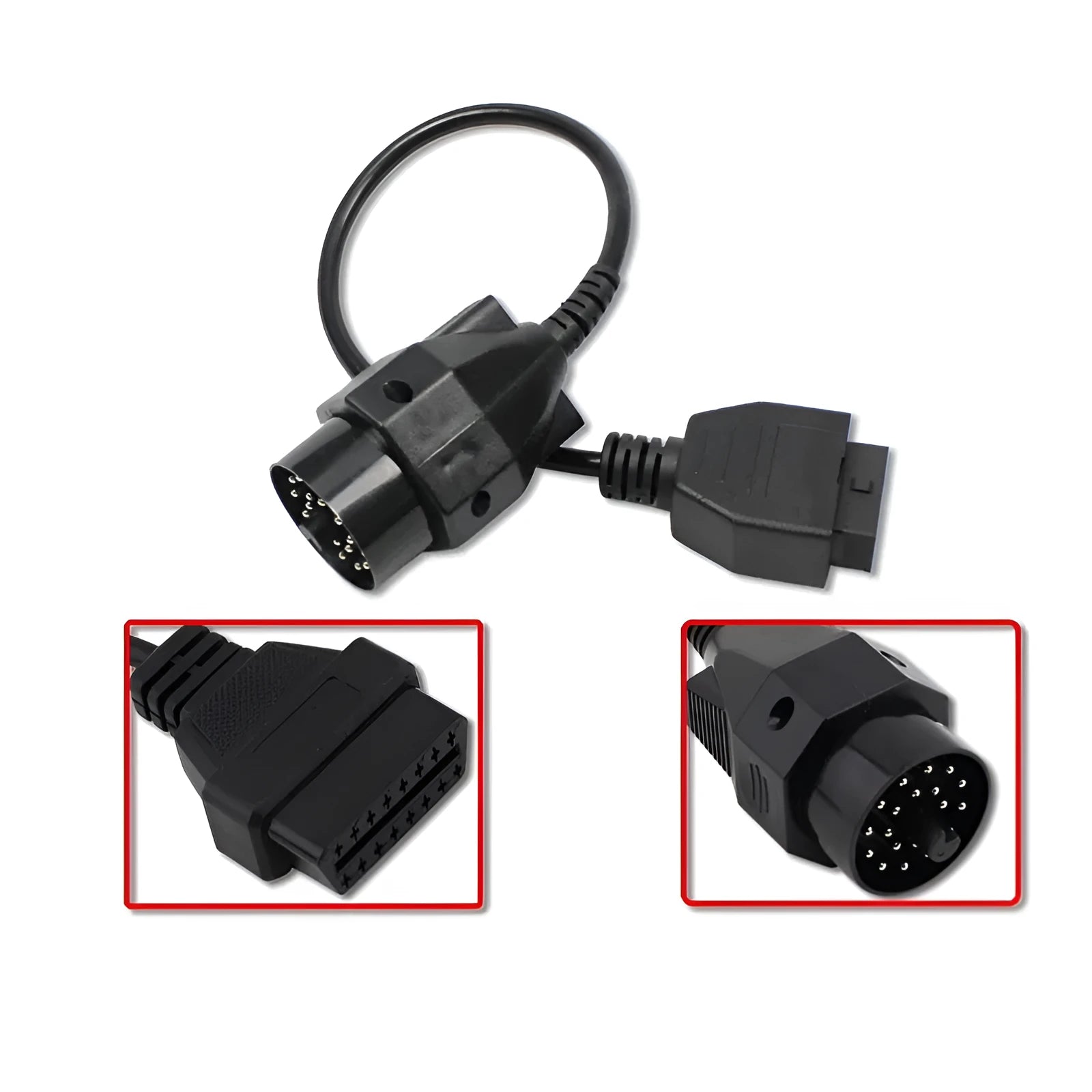 BMW OBD2 diagnostic adapter cable showing 20-pin male plug and 16-pin female OBD2 socket.