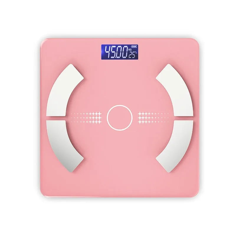 Smart Bluetooth rechargeable body fat scale in white, black or pink colour with weight and body composition measurements