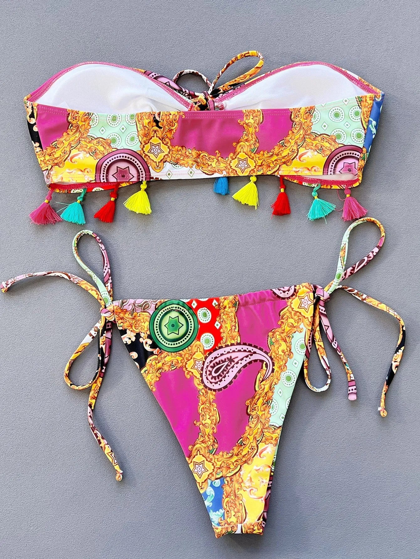 Women's printed polyester bikini set with tube top and briefs for swimming