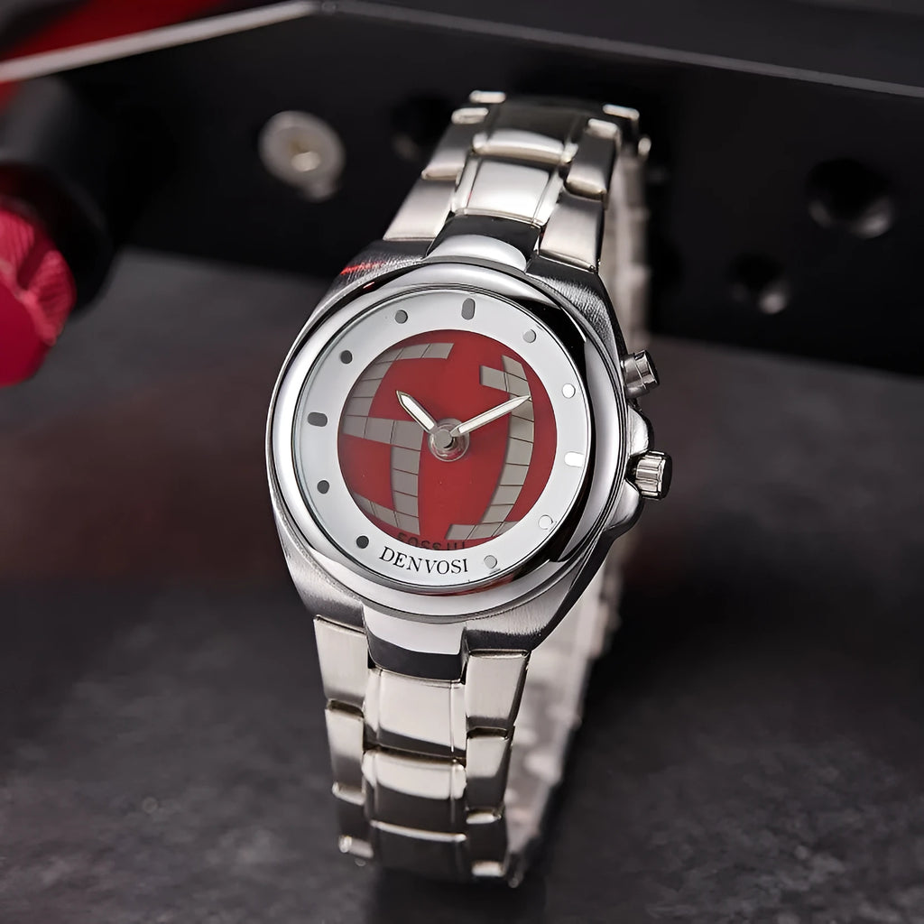 Men's Y2K vintage digital dual-display watch with alloy strap and stainless steel buckle, showing red face dial variant.