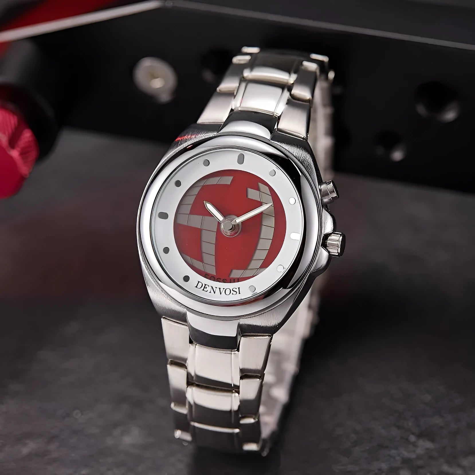 Men's Y2K vintage digital dual-display watch with alloy strap and stainless steel buckle, showing red face dial variant.