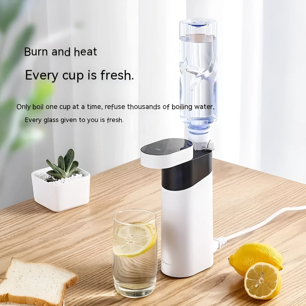 Black desktop instant water dispenser with digital display and water tank.