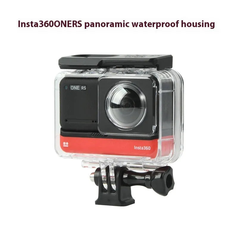 Transparent waterproof housing for Insta360 One RS camera showing dimensions 9x8x4.5cm