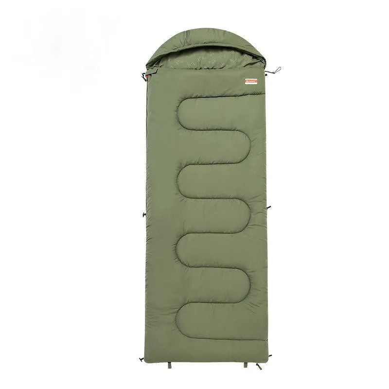 Portable cotton camping sleeping bag in ochre and olive green colours for basic outdoor warmth