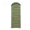 Portable cotton camping sleeping bag in ochre and olive green colours for basic outdoor warmth