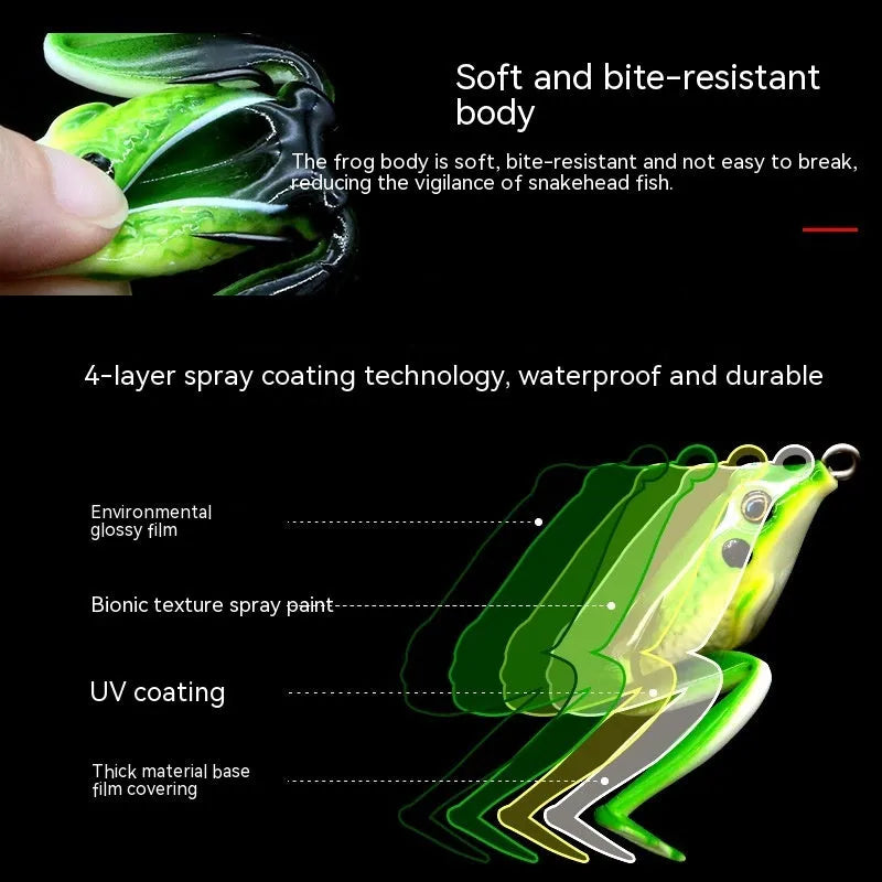 Bionic Real Thunder Frog Snake Head fishing lure with double hooks in grass green colour variant