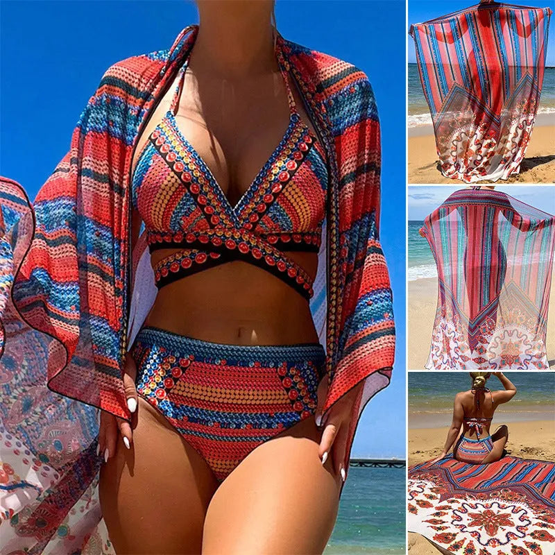 Women's three-piece swimsuit set with high-waist briefs, sleeveless split blouse, and matching coat