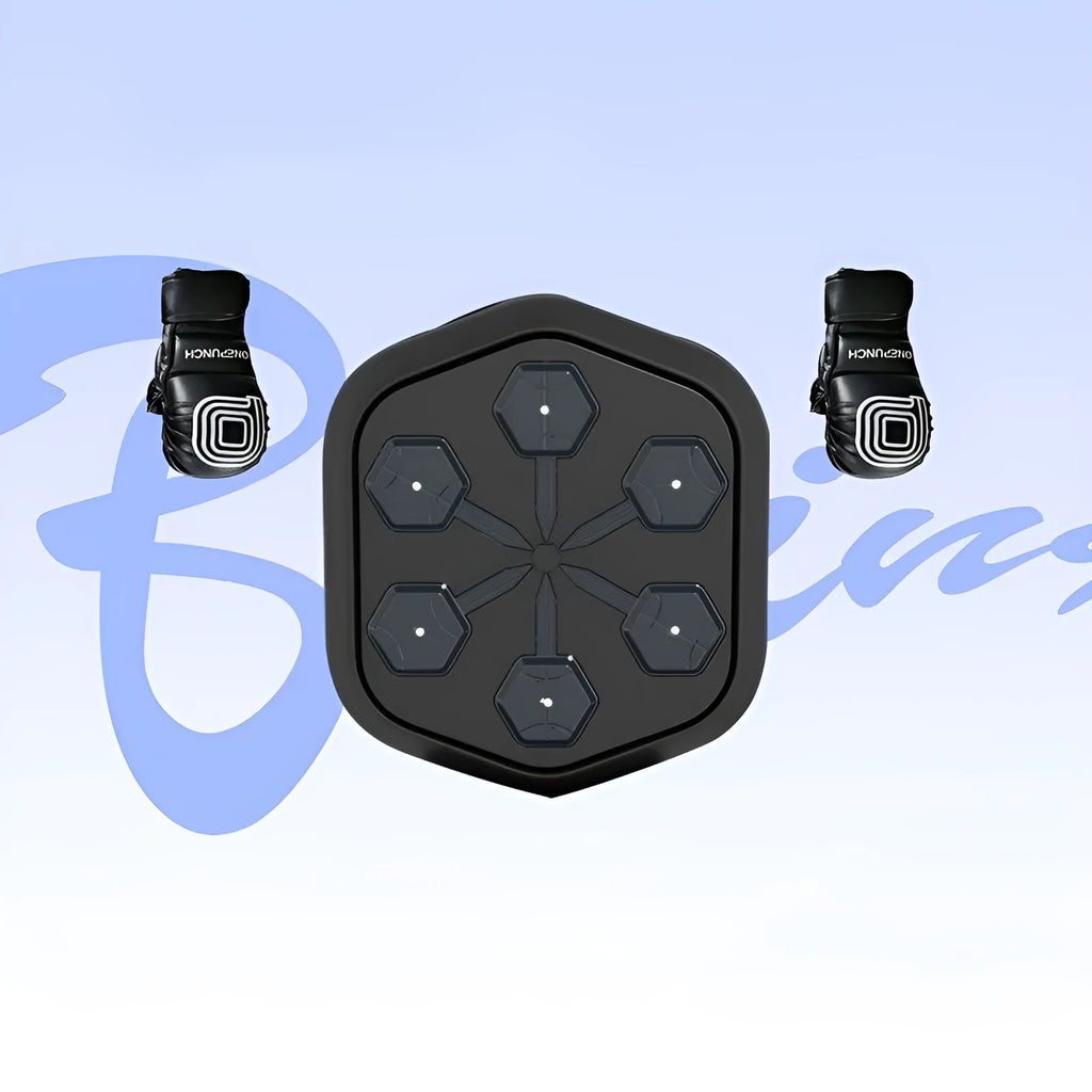 Black smart boxing machine with Bluetooth connection and velcro targets, includes boxing gloves