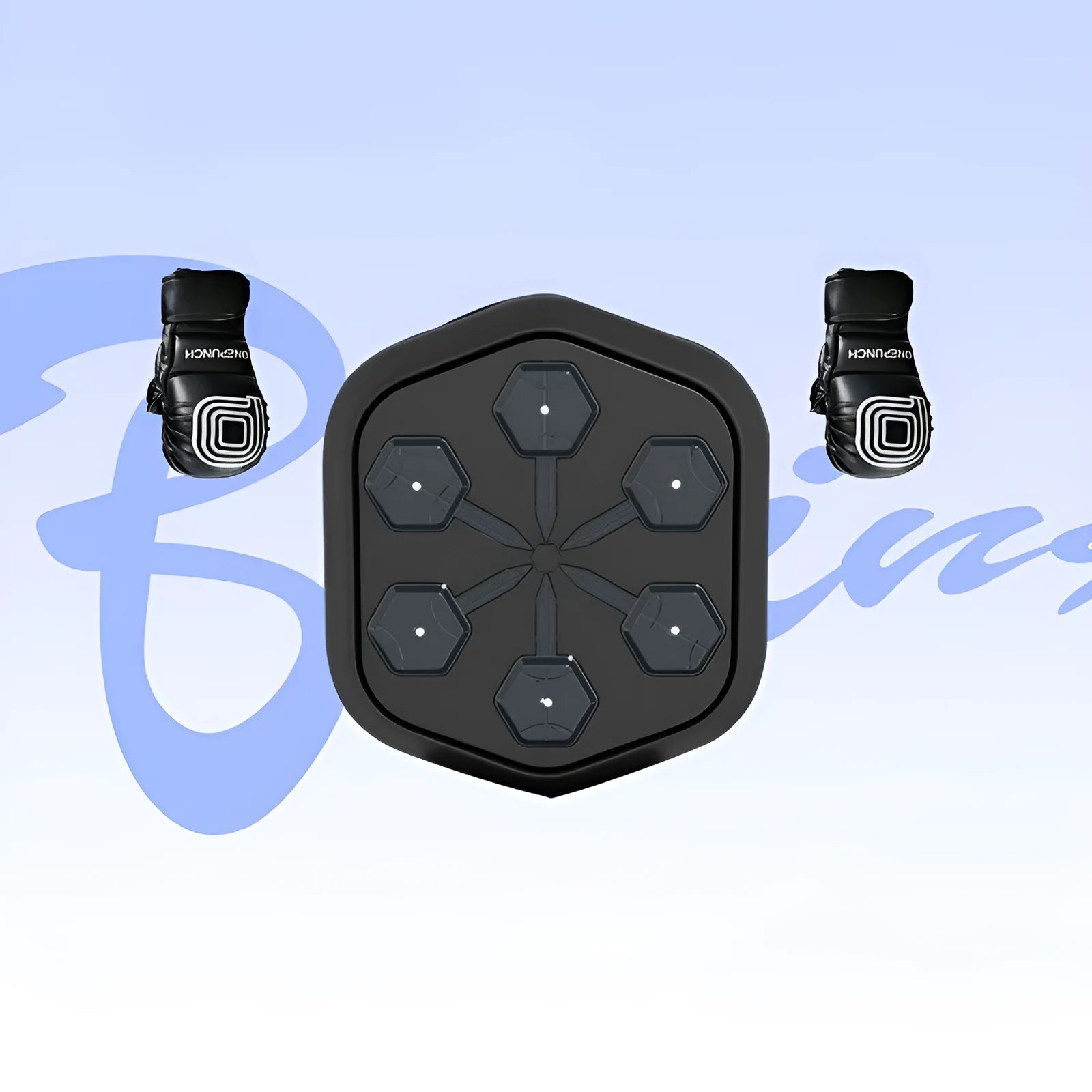 Black smart boxing machine with Bluetooth connection and velcro targets, includes boxing gloves