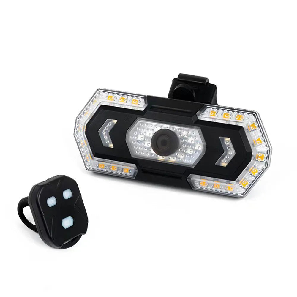 Black wireless remote control vehicle taillight with turn signal indicators and USB charging port