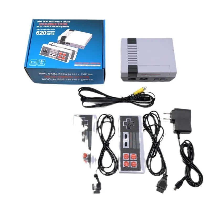NES 8-bit retro game console with two controllers on black background