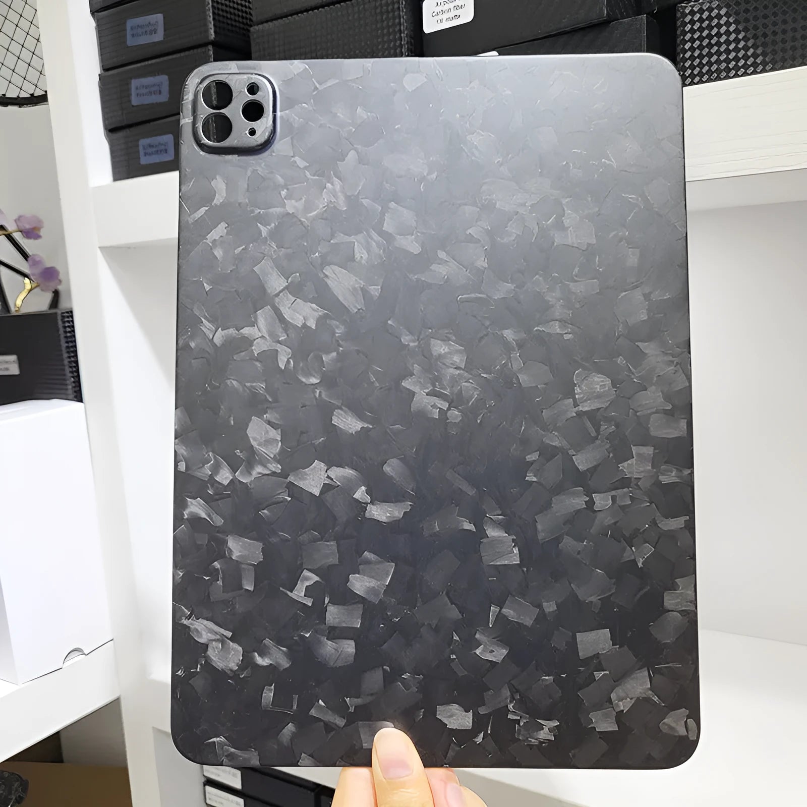 Carbon fibre flat protective hard case for Apple iPad Pro 11-inch tablet in forged finish