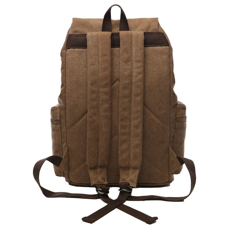 Canvas travel backpack in khaki with airpillow straps and sewing line detailing