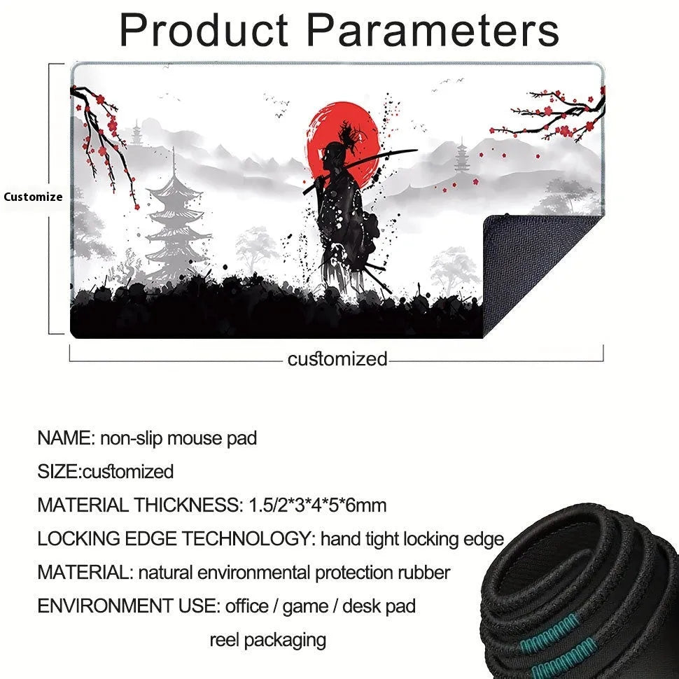 Japanese samurai design cloth gaming mouse pad showing non-slip base and thermal transfer pattern