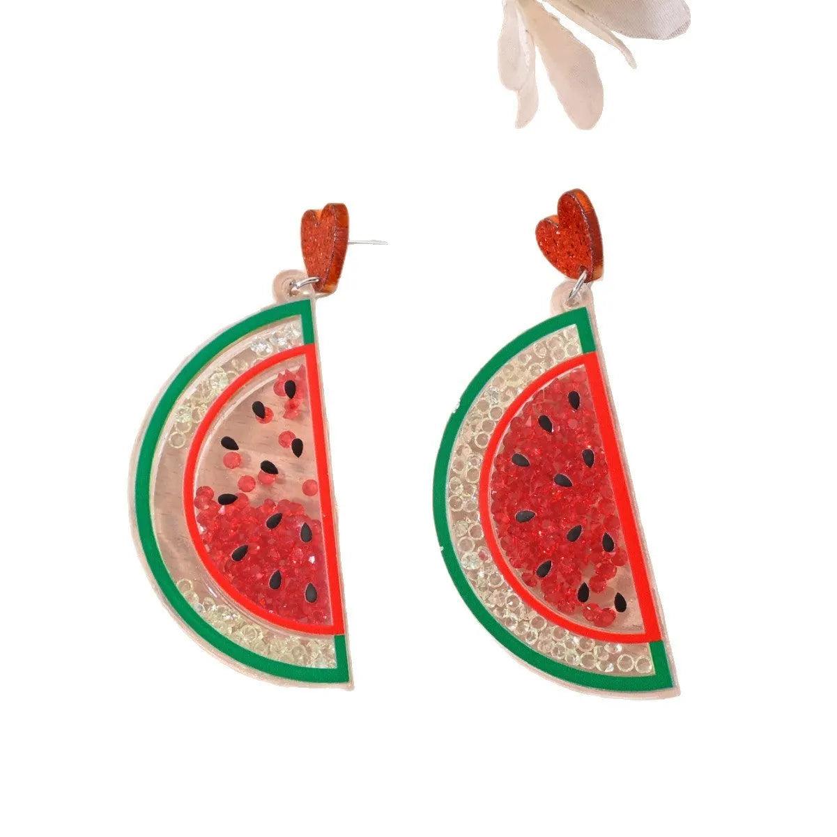 Colourful acrylic earrings with cherry, strawberry, watermelon, pineapple, coconut tree, cake, and ice cream designs for women.