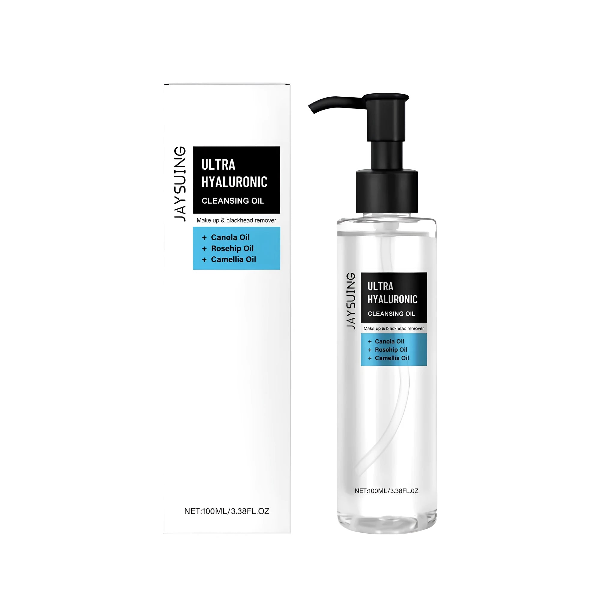 100ml bottle of hyaluronic acid makeup remover cleansing oil with rose hip and camellia seed oils.