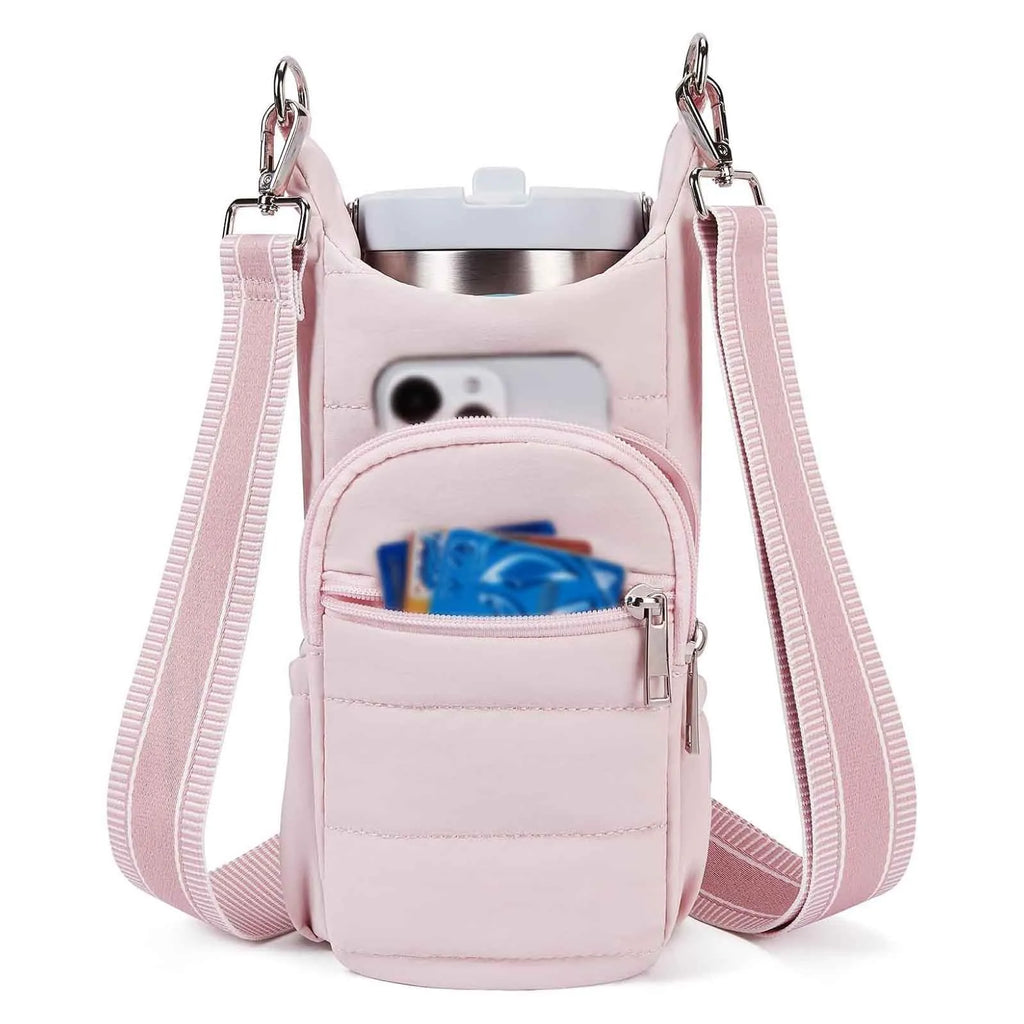 Cloth bicycle water bottle bag in black, pink and beige colours