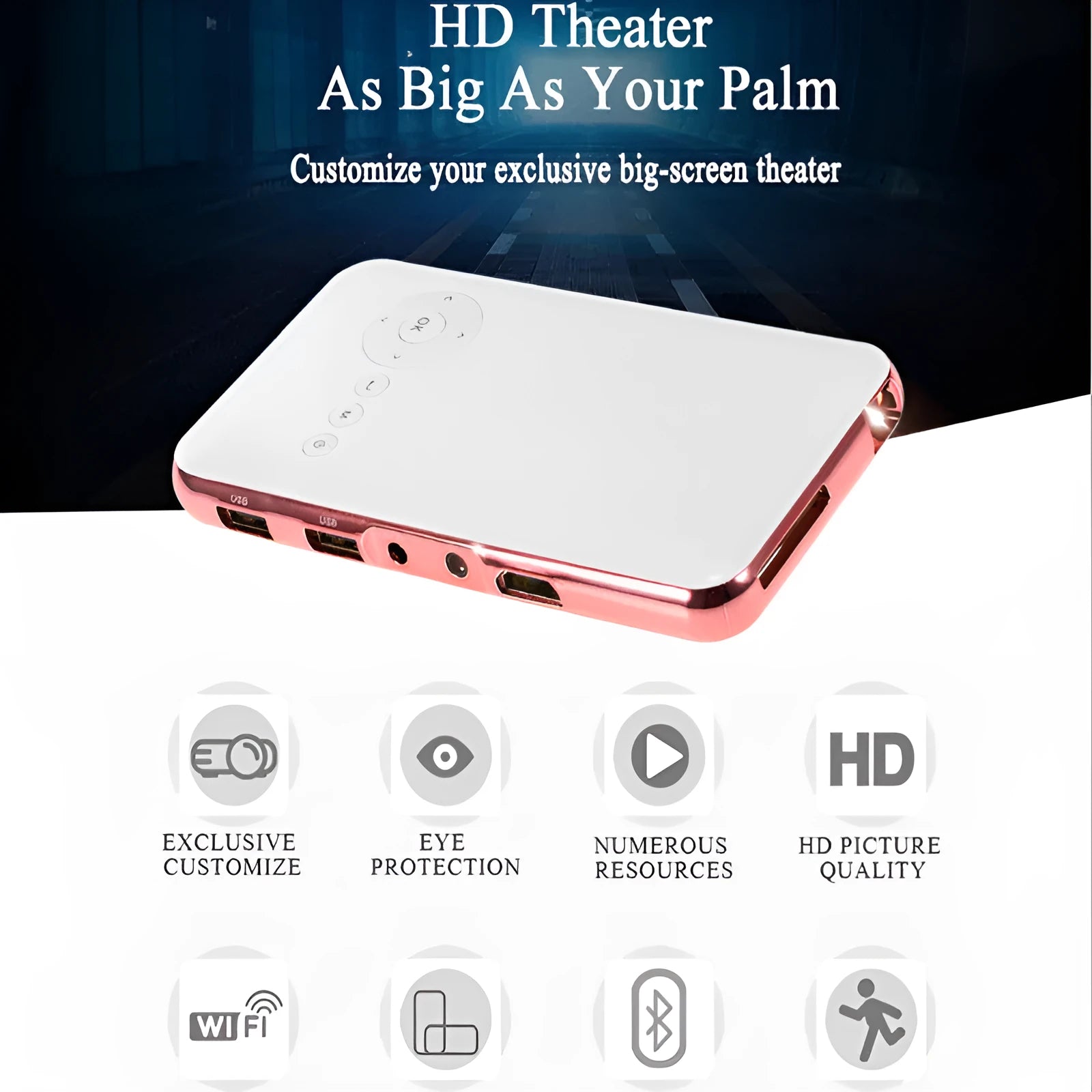 White and rose gold M6S miniature portable Android DLP projector showing compact design