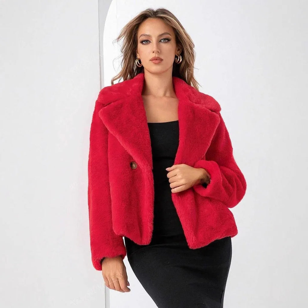 Women's rose red faux fur coat with regular sleeves and 50cm length loose fitting design