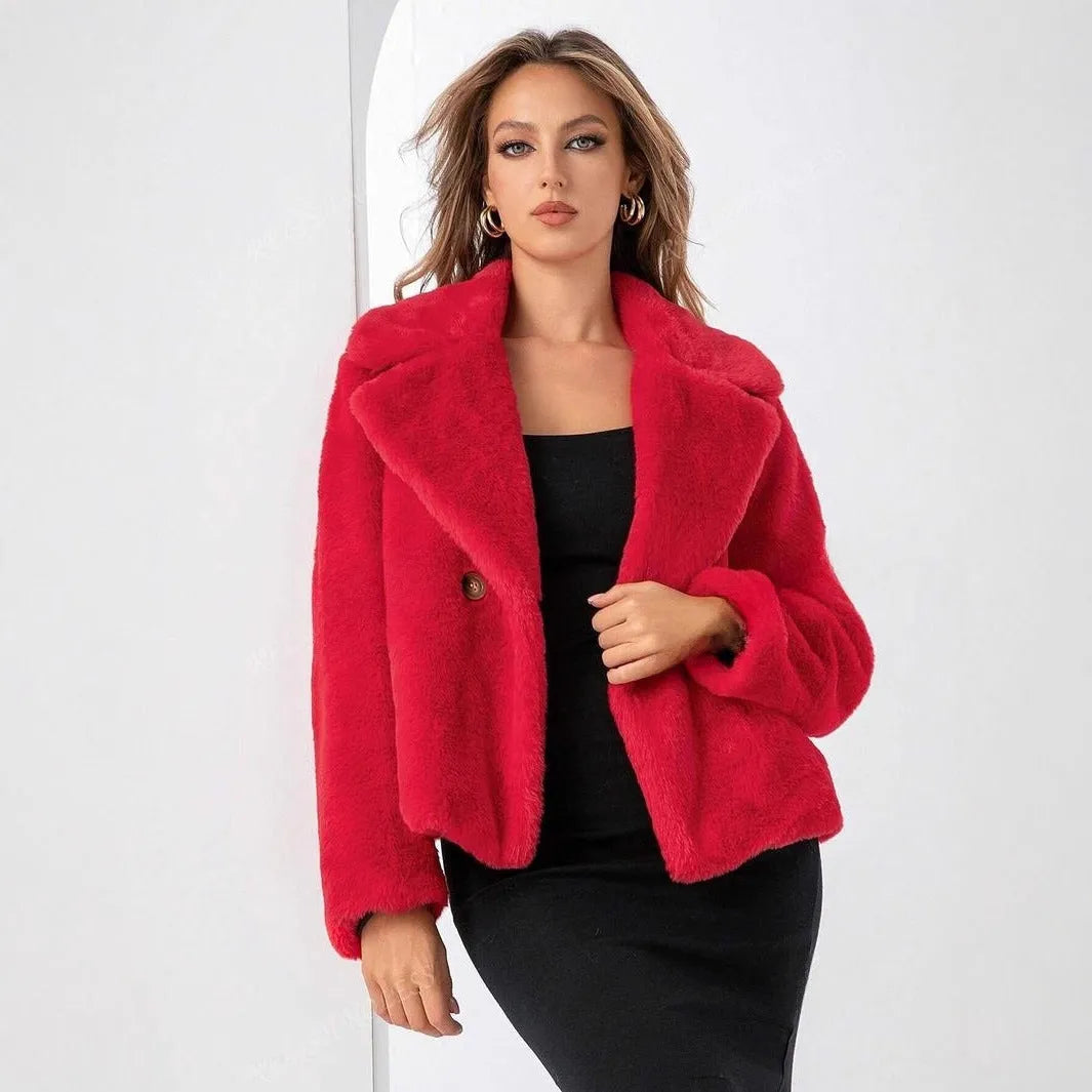 Women's rose red faux fur coat with regular sleeves and 50cm length loose fitting design